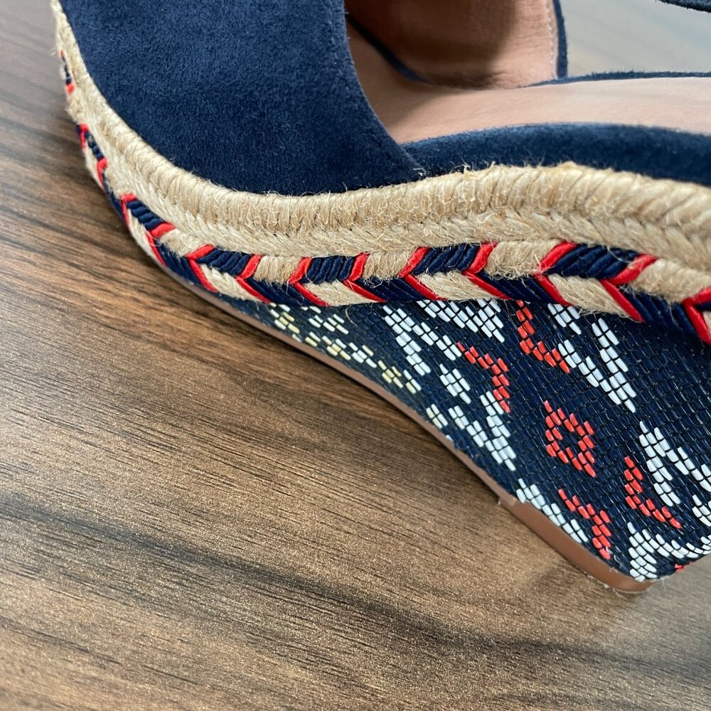 Cabi Wrap Lace-Up Blue Suede Leather Espadrille Aztec Wedge Heel Women's 5M - Picture 11 of 15